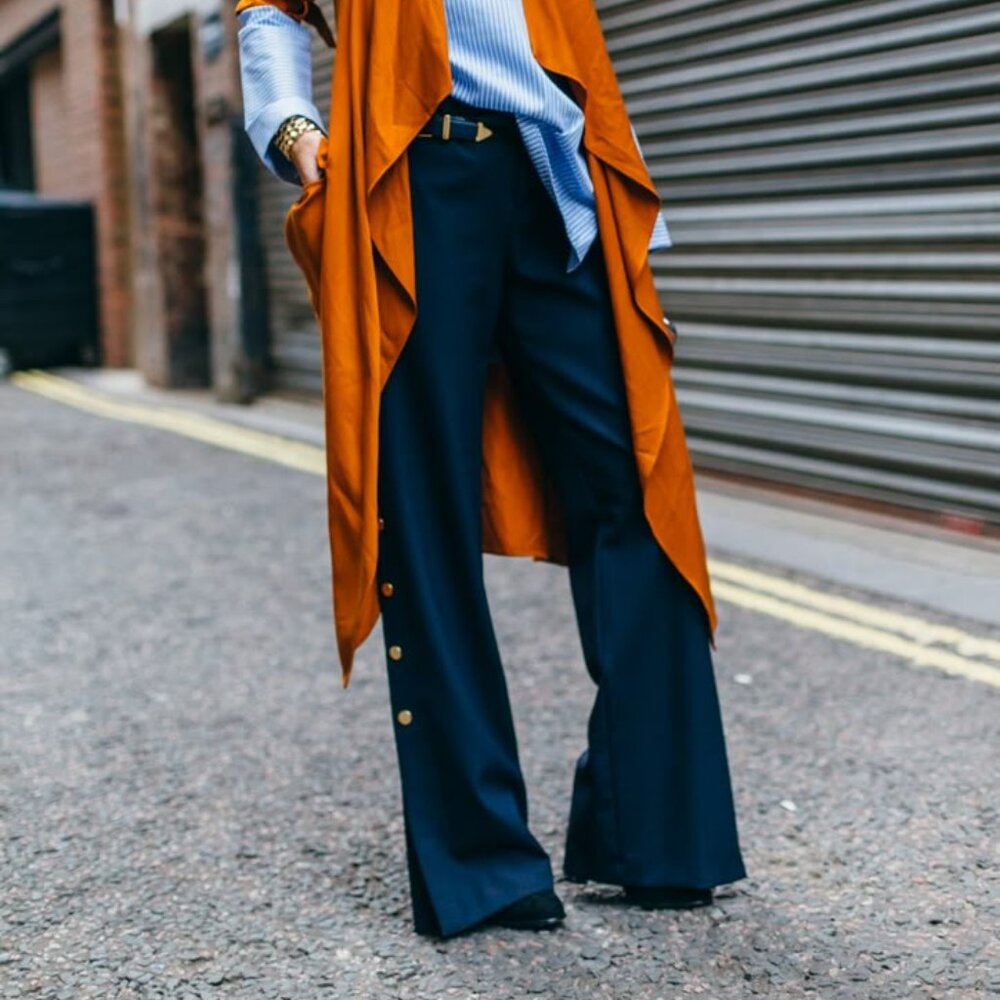 Zara Navy Tear Away Wide Leg Dress Pants with Gold Snap Buttons Down Side